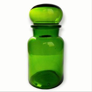 Vtg 80s Green Glass Apothecary Jar Canister Bubble Lid Food Storage Belgium